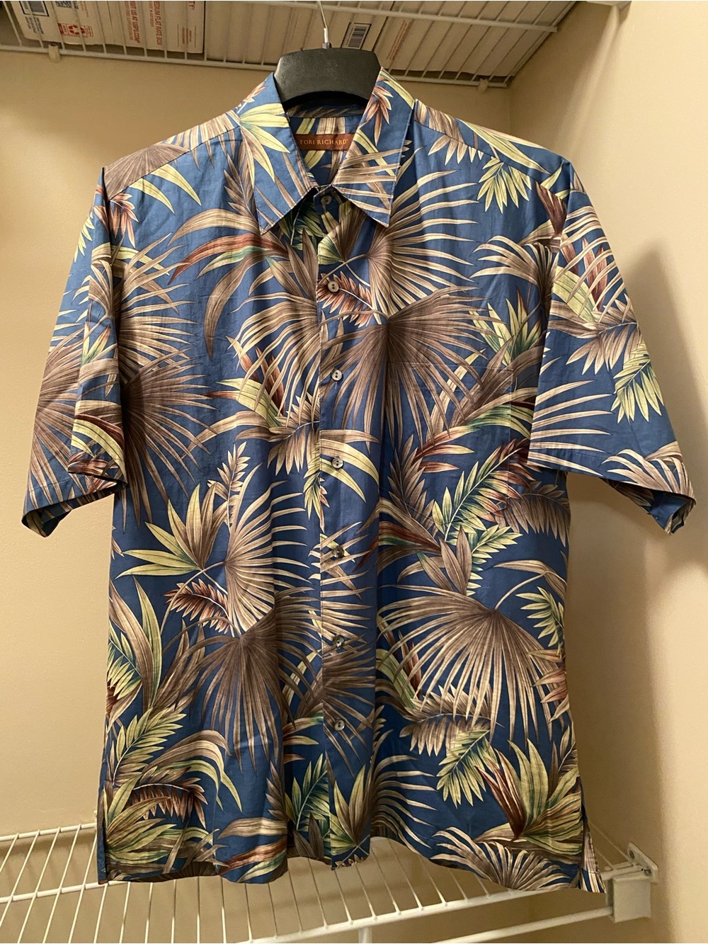 Tori Richard Blue Tropical Palm-Print Short-Sleeve 100% Cotton Shirt Size L